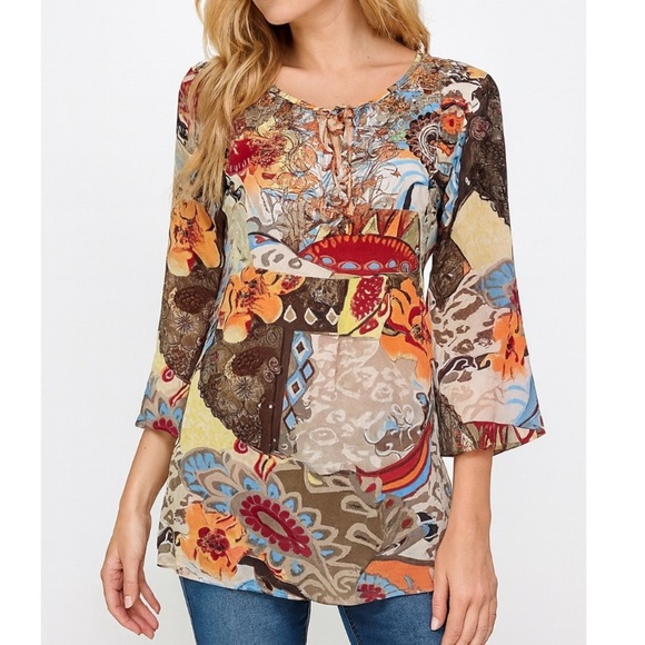 Chico's Tops - CHICO'S Silk Key-Hole Blouse Top Taupe Ivory Orange Maroon Aqua Yellow 100% silk